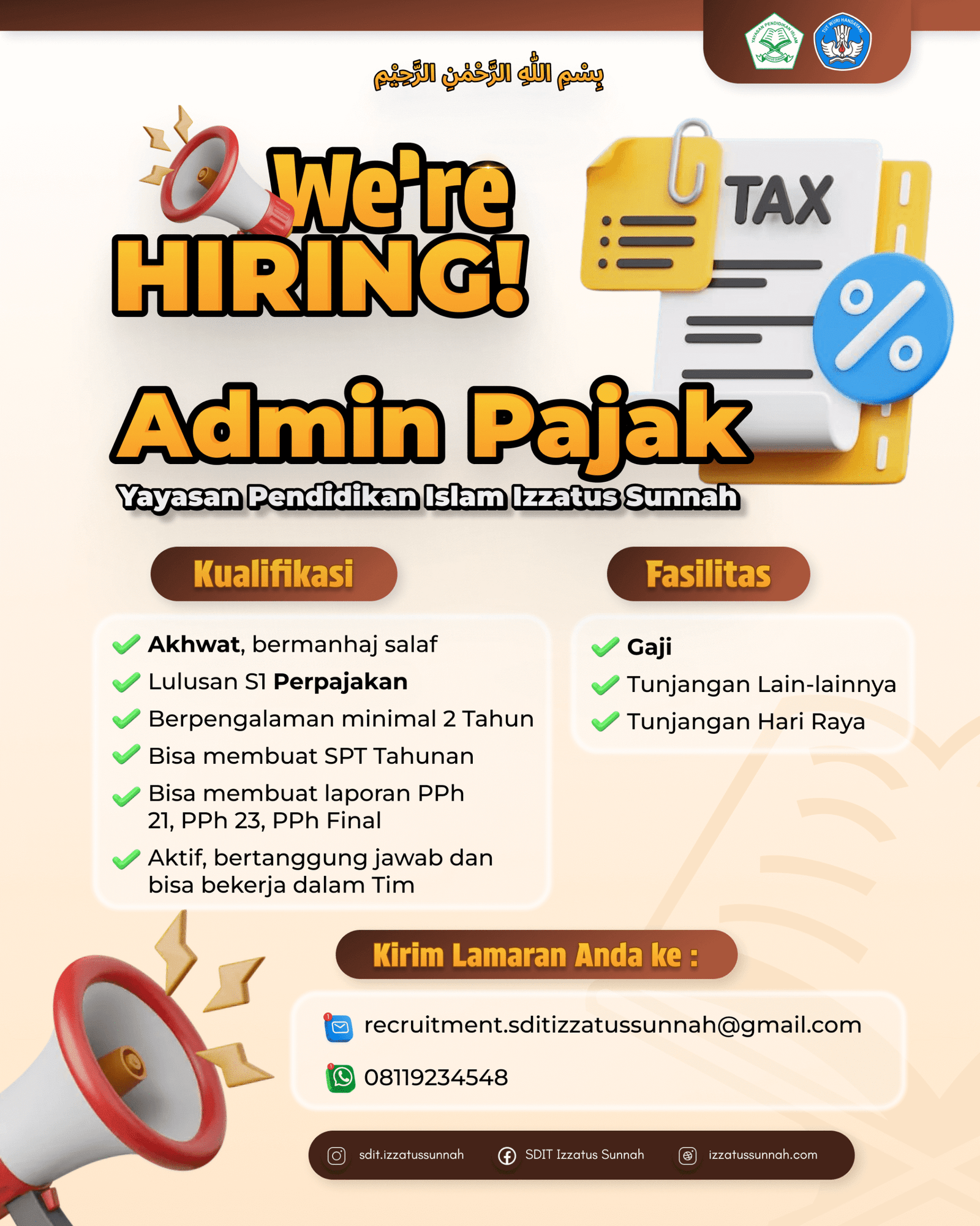 Loker Admin Pajak SDIT Izzatus Sunnah