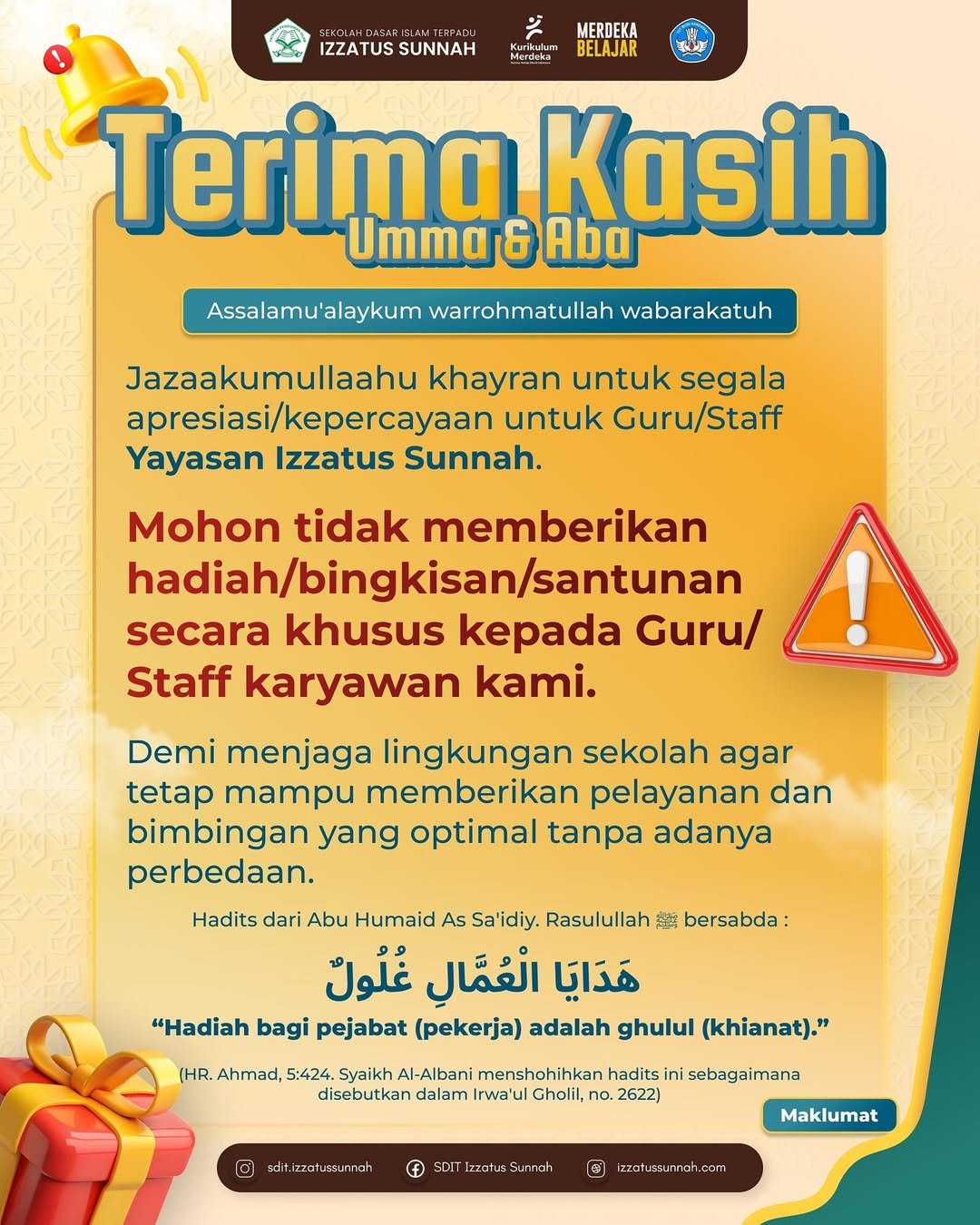 Terimakasih Umma & Aba Tidak Memberikan Bingkisan Kepada Staf/Guru/Ustadz/zah Kami